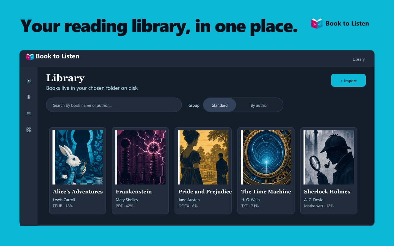 Book to Listen local library showing books in a chosen folder on disk