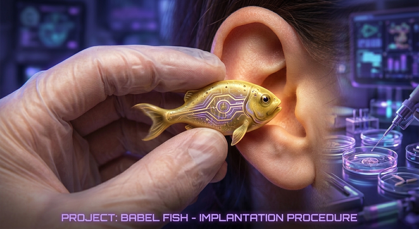 A gloved hand holding a gold circuit fish beside laboratory equipment