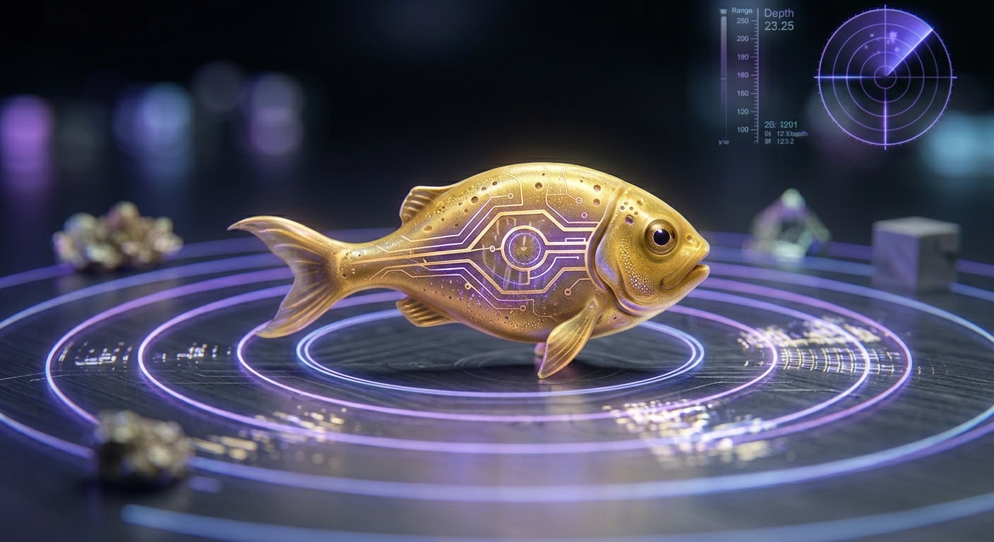 A gold circuit fish floating above luminous sonar rings