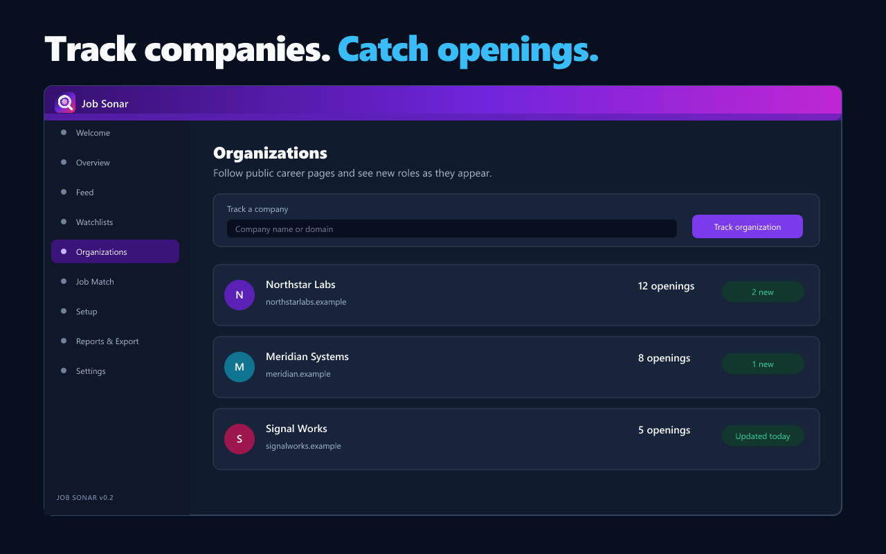 Job Sonar showing monitored companies and their latest job openings